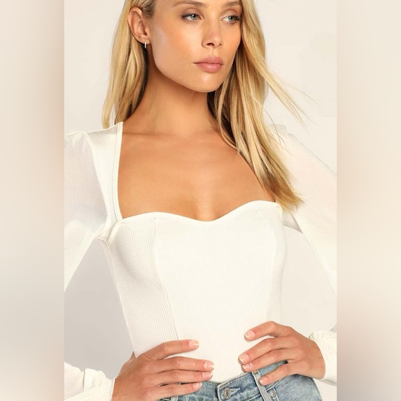 Lulus Sensational Sweetheart White Ribbed Balloon Sleeve Bodysuit, Size S, NWT - Picture 6 of 16